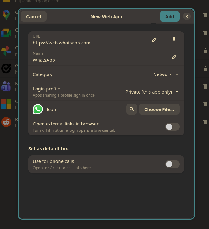The web-app editor with profile and default-handler options