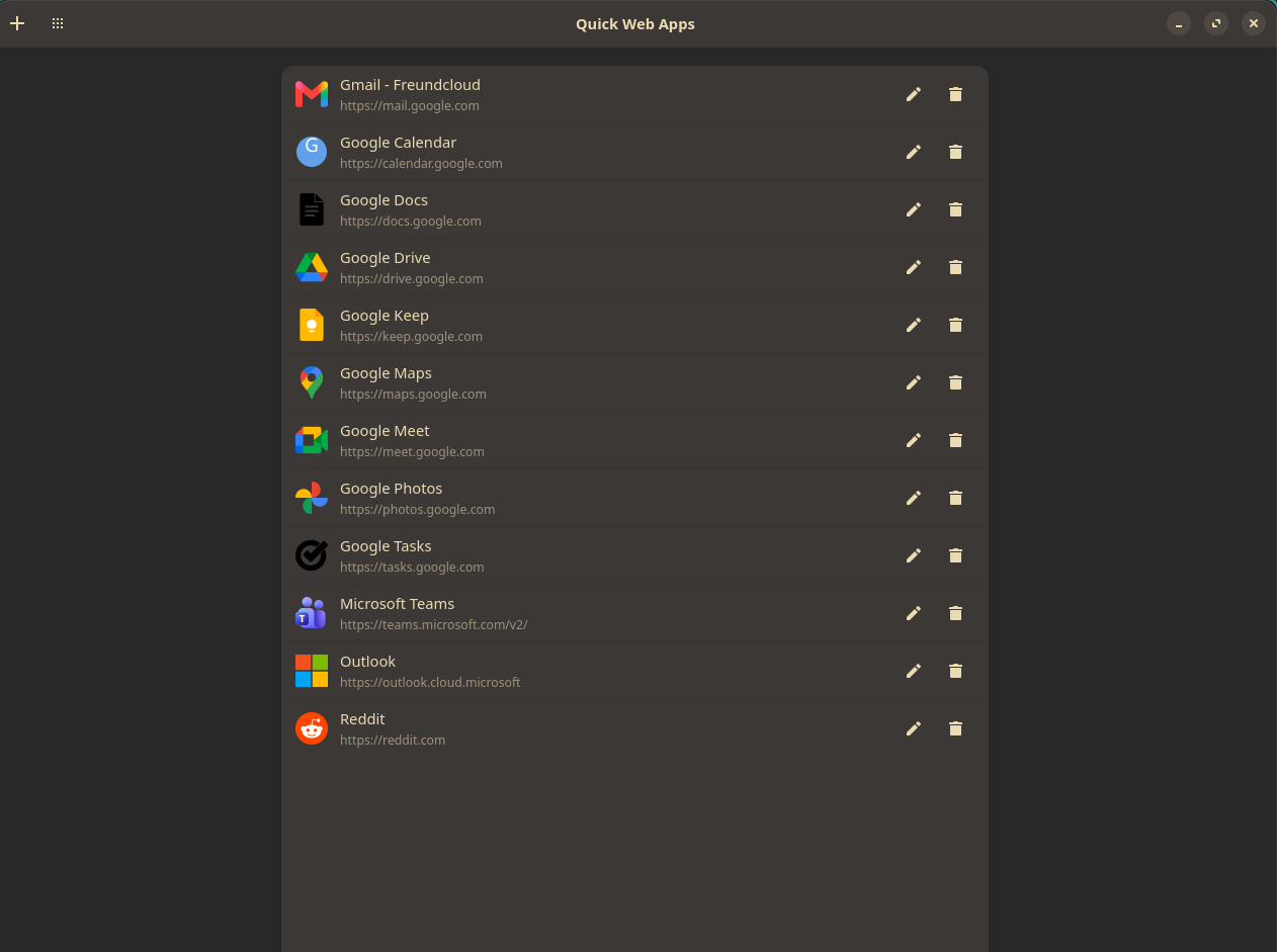 The Quick Web Apps manager listing installed web apps with their icons