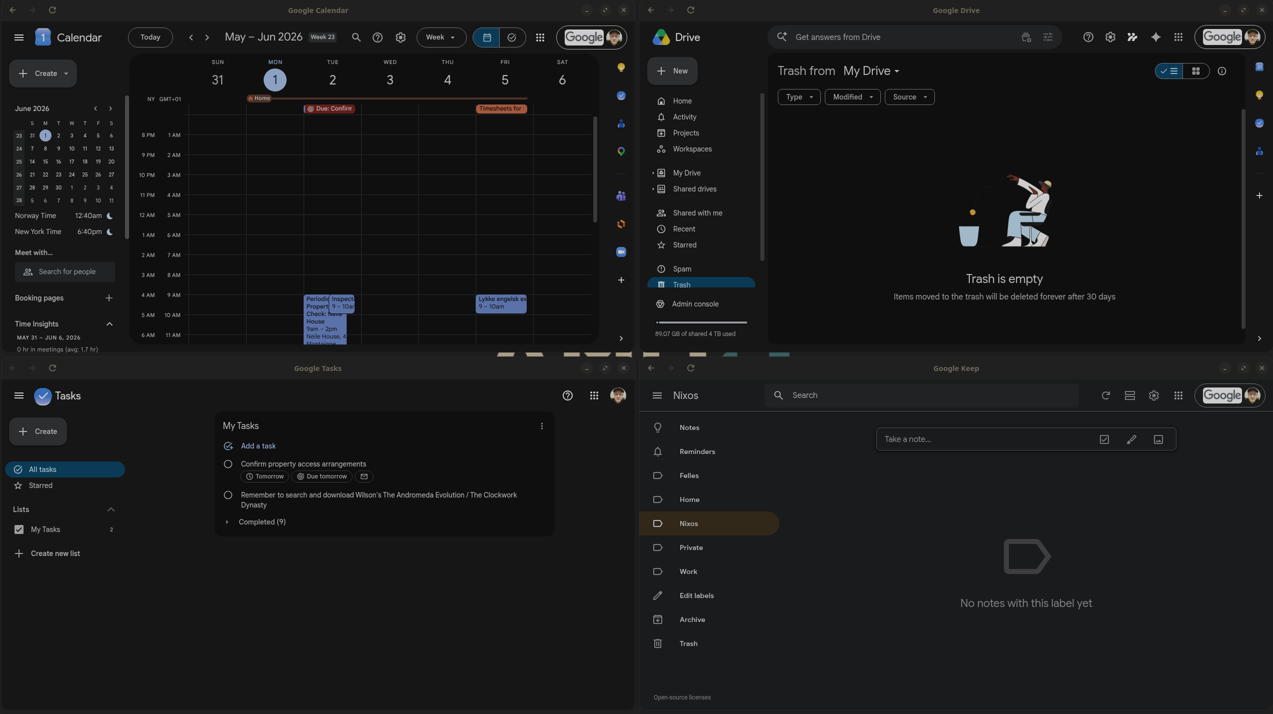 Four web apps running as separate native GNOME windows, tiled