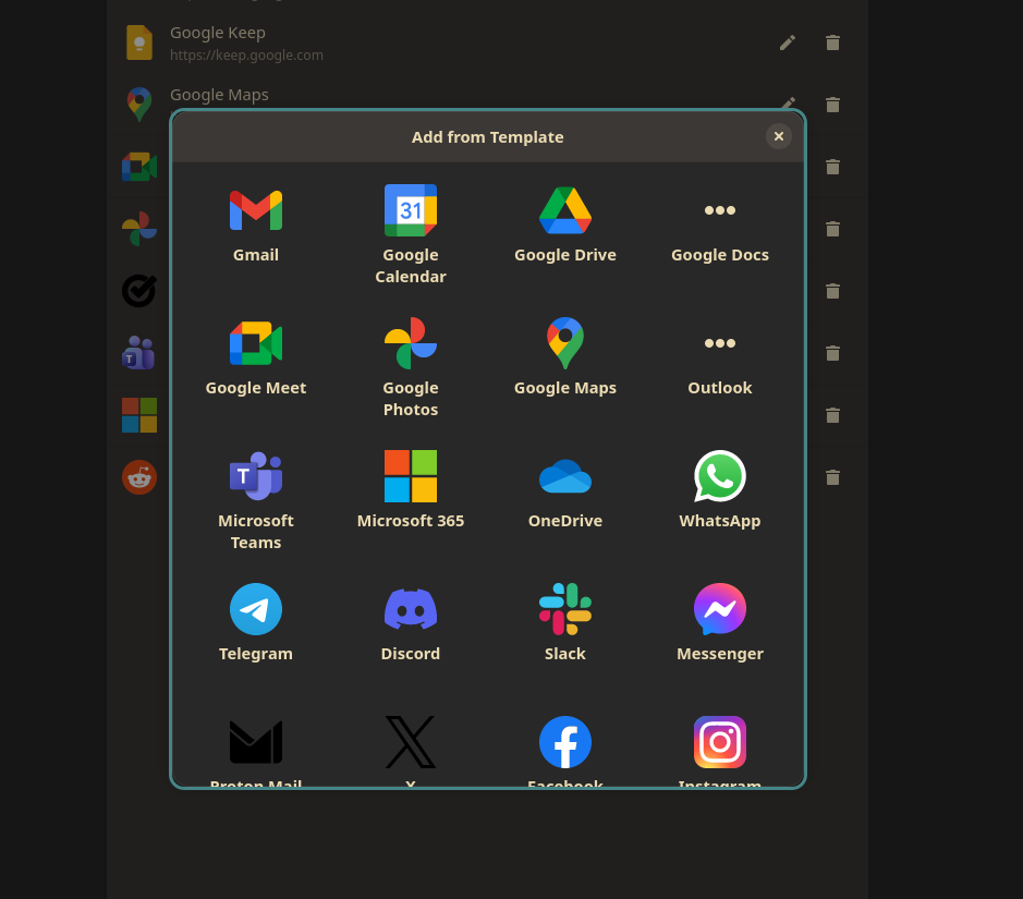 The Add from Template gallery of popular web apps